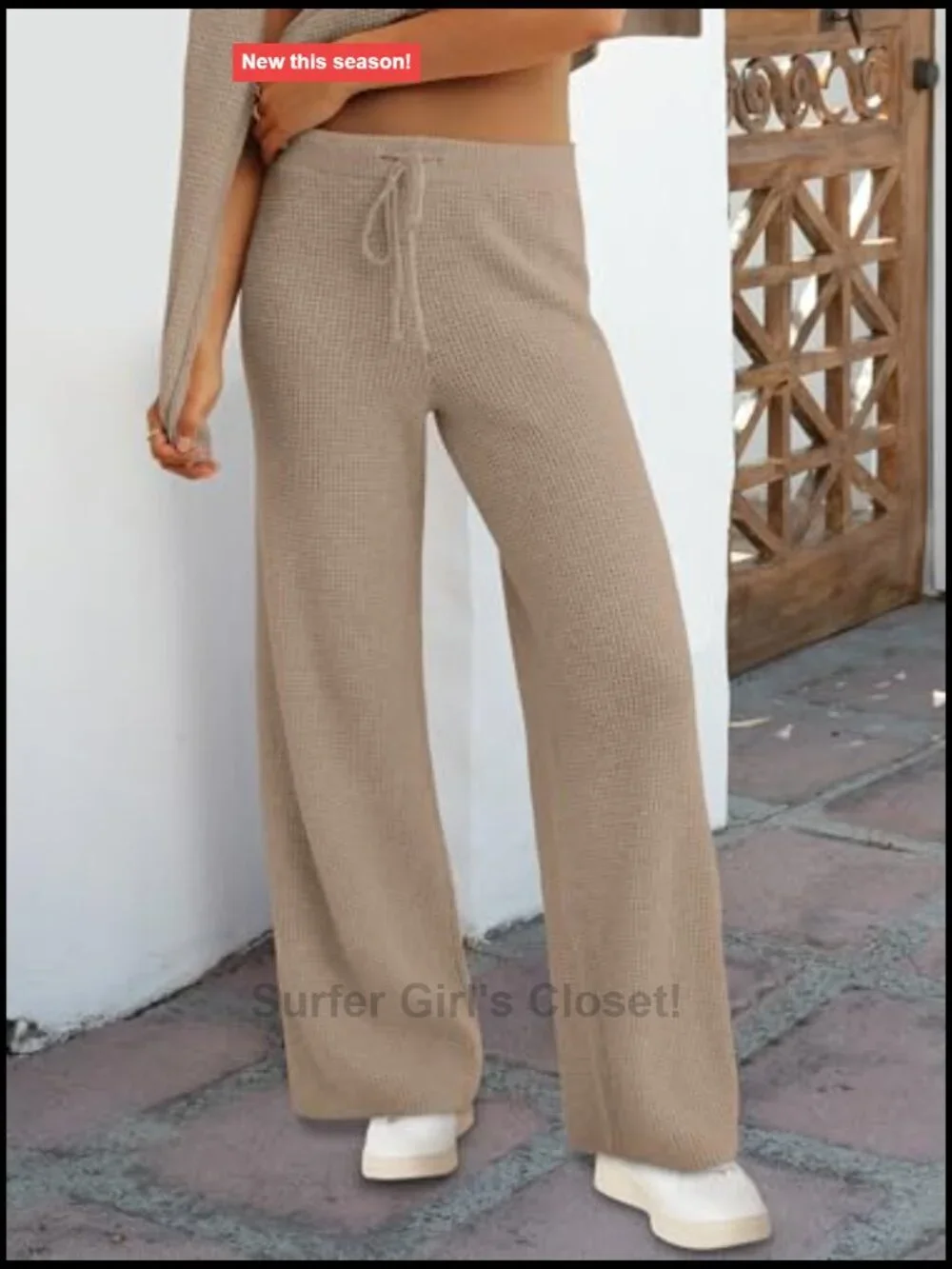 Women's Two Piece Waffle Knit Lounge Sweater Set with Wide Leg Pants